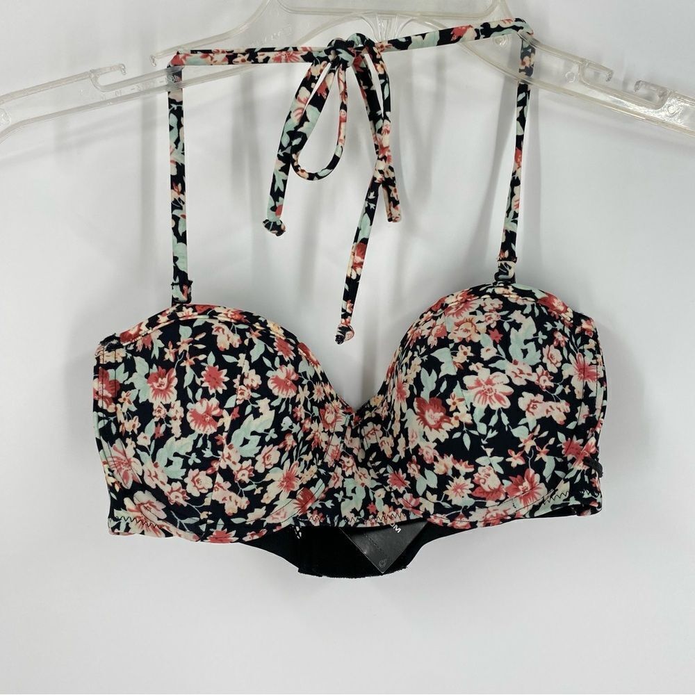 Volcom Women’s Floral Mesh Back Black Push Up Bikini Top size S
